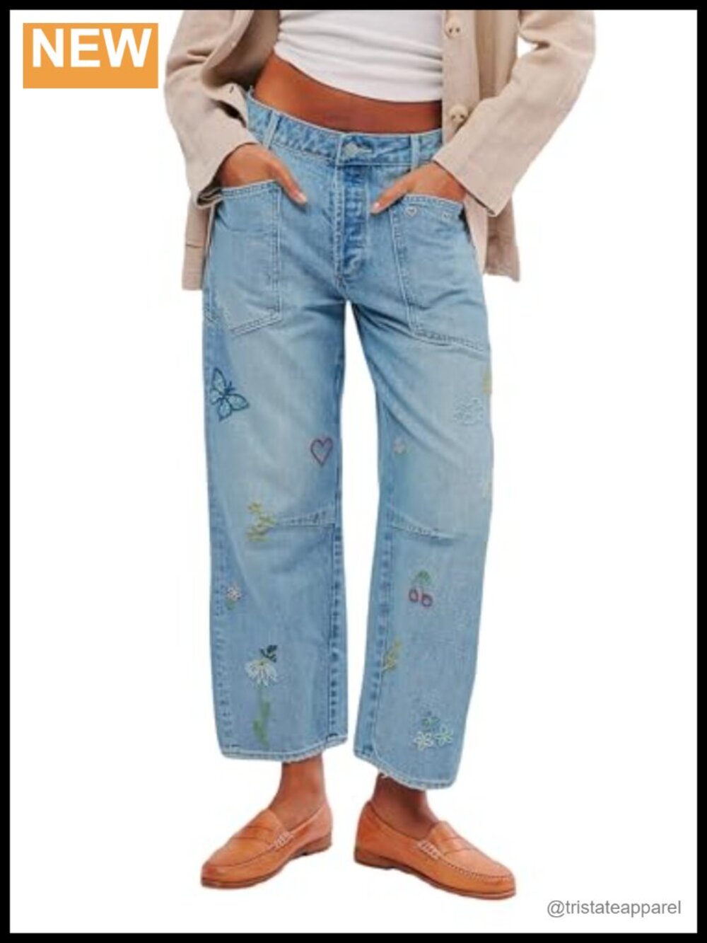 Embroidered Barrel Jeans High Rise Wide Leg Denim Boyfriend Trousers